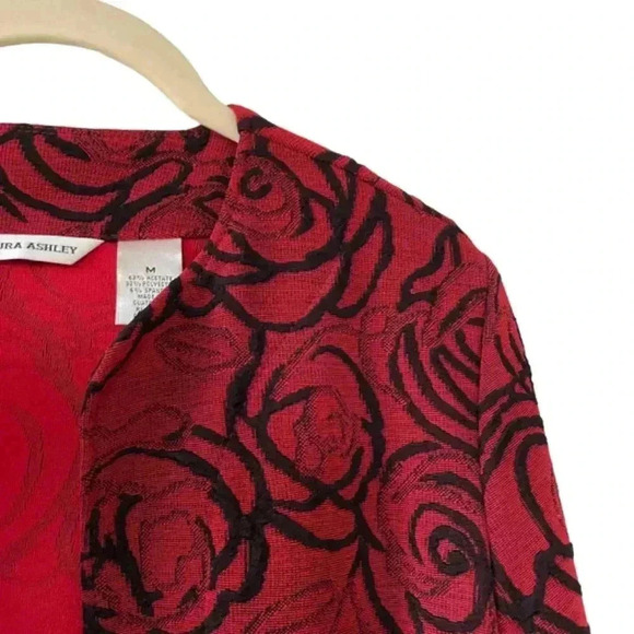 Laura Ashley Red Black Rose Floral Open Front Top Medium Slinky Knit Stretch - Picture 4 of 9